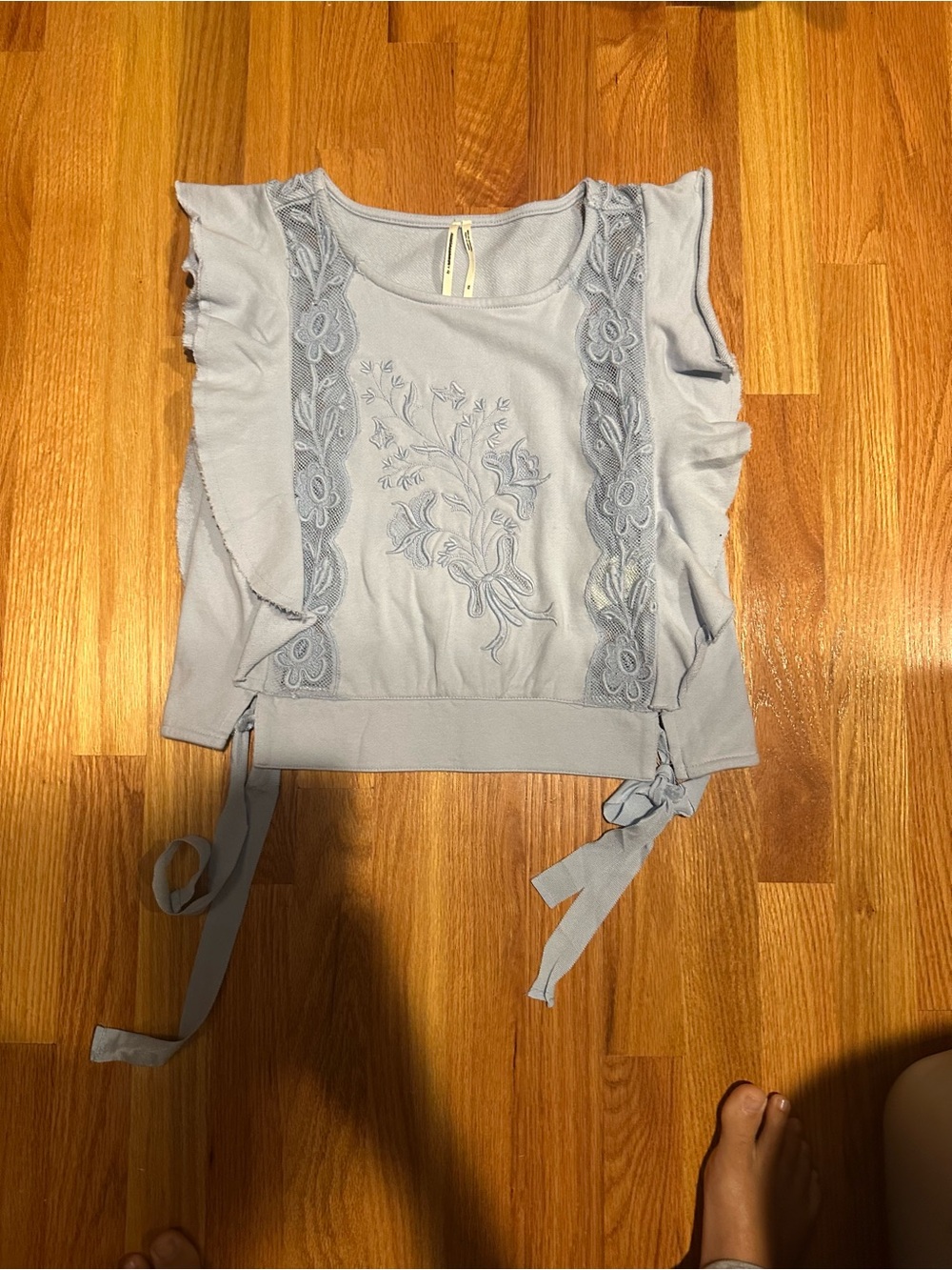 Anthropologie Pale Blue Embroidered Ruffle Tie Tank